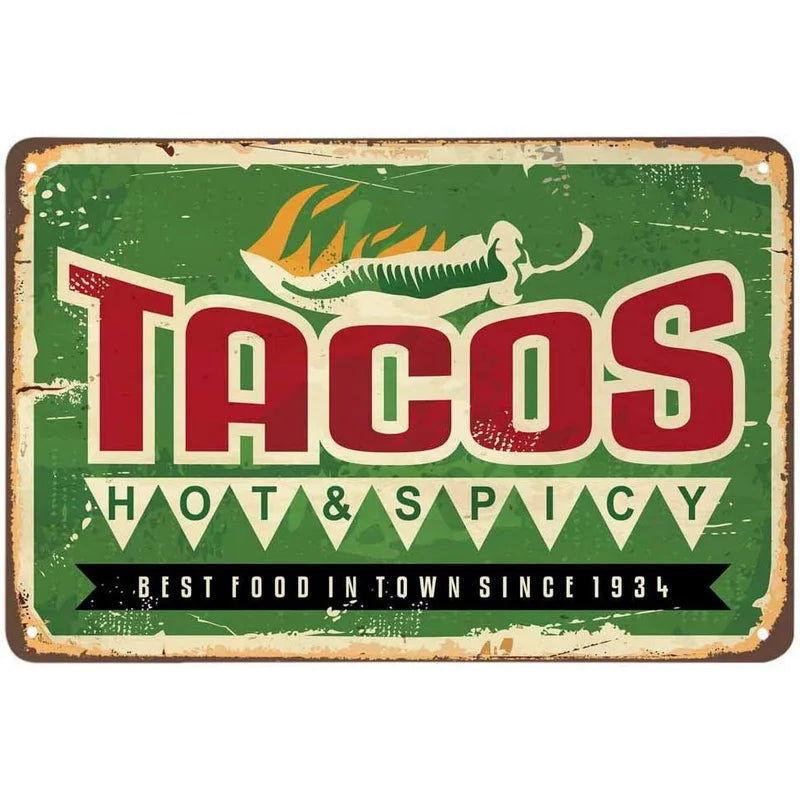 Tacos Pizza Cake Cola Foods Drinking Metal Tin Signs Posters Plate Wall Decor for Restaurant Bars Cafe Clubs Retro Poster Plaque