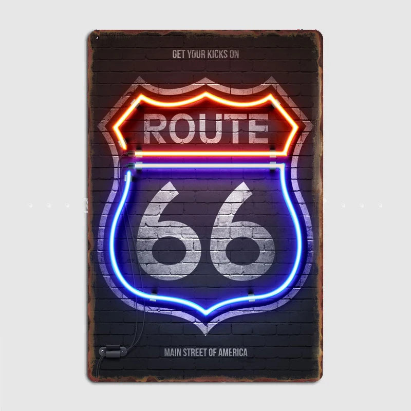 Route 66 Neon Sign Metal Plaque Garage Club Wall Plaque Club Home Funny Tin Sign Poster