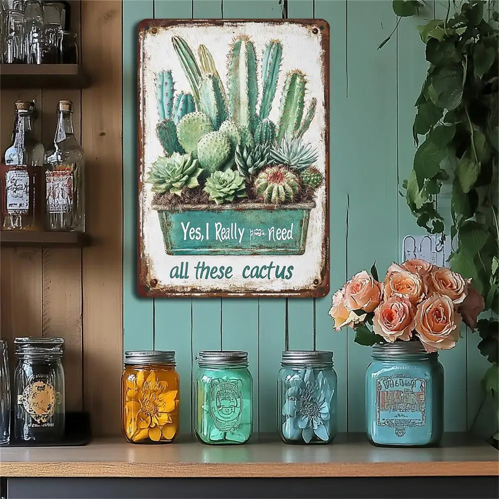 Rustic Style Cactus Metal Sign Durable Iron Wall Decoration 8X12 Inches Suitable for Home Cafe Bar Retro Style