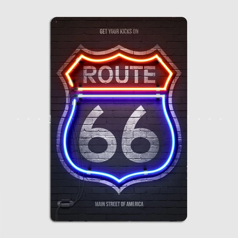 Route 66 Neon Sign Metal Plaque Garage Club Wall Plaque Club Home Funny Tin Sign Poster