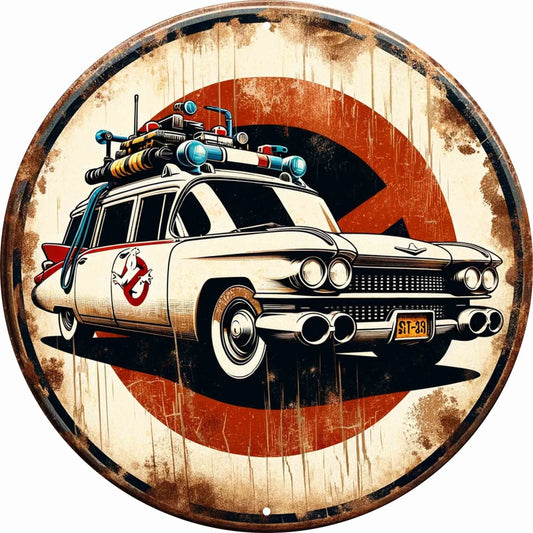 Ghostbusters Car Foil Engraved Metal Sign Round Vintage Garage Wall Decor – 8x8 Inch Tin Aluminum Can Art for Home