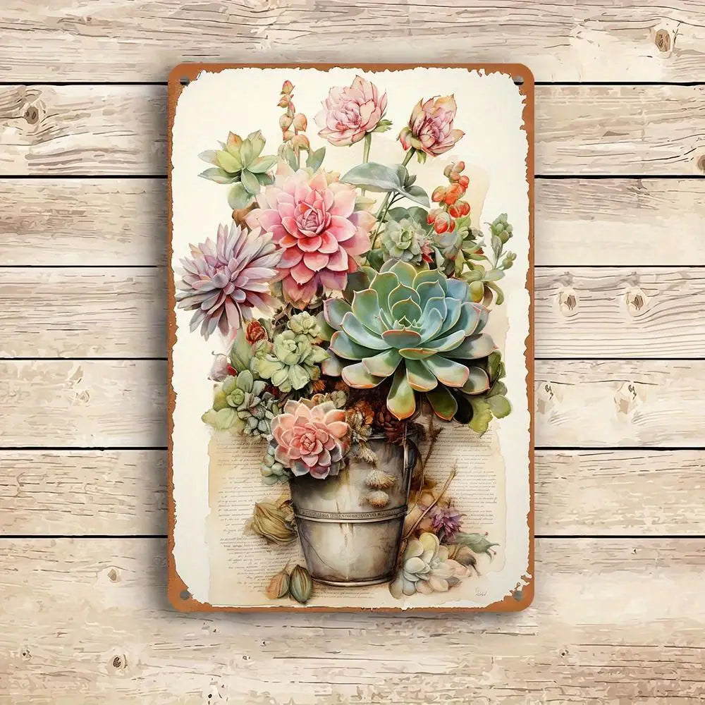 Succulent and Floral Iron Tin Sign Pre-drilled Waterproof Corrosion Resistant Easy To Install for Home Bar Decor Rustic Style