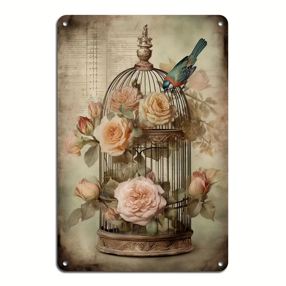 Charming Birds and Roses Iron Wall Decor 8X12 Inches Fun Metal Sign  Suitable for Home Bar and Courtyard Decoration