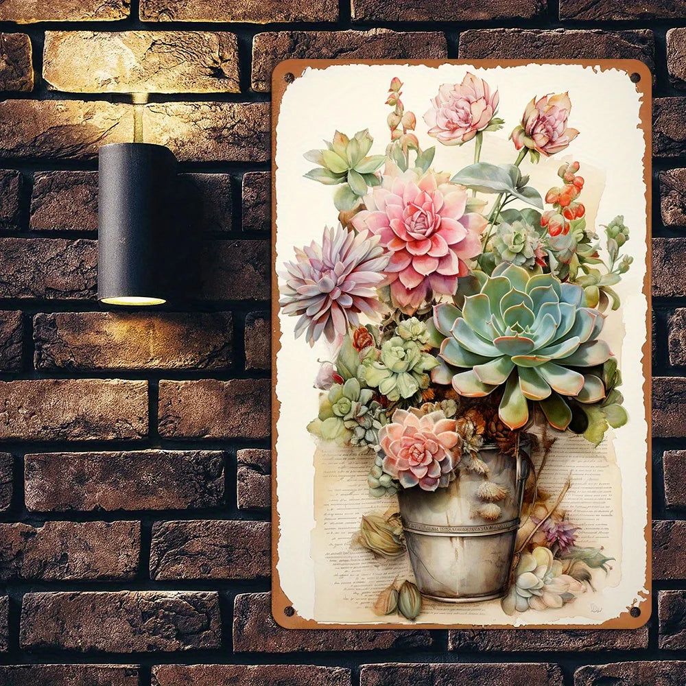 Succulent and Floral Iron Tin Sign Pre-drilled Waterproof Corrosion Resistant Easy To Install for Home Bar Decor Rustic Style