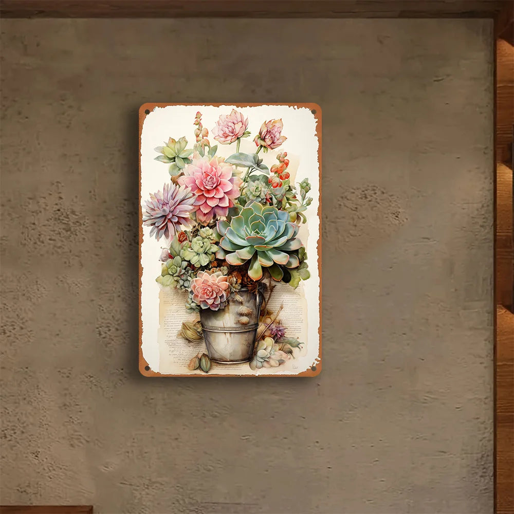 Succulent and Floral Iron Tin Sign Pre-drilled Waterproof Corrosion Resistant Easy To Install for Home Bar Decor Rustic Style