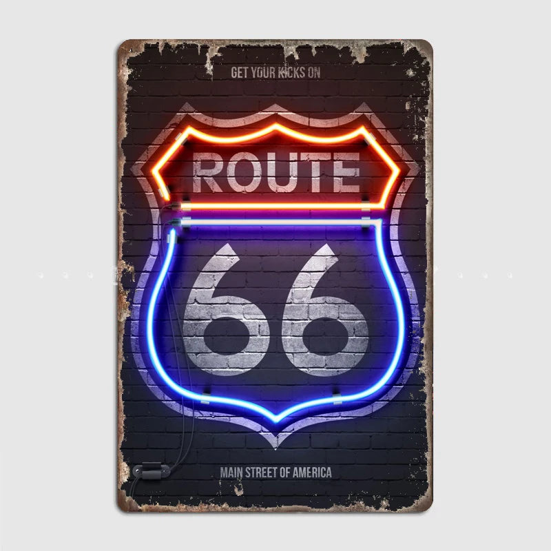 Route 66 Neon Sign Metal Plaque Garage Club Wall Plaque Club Home Funny Tin Sign Poster