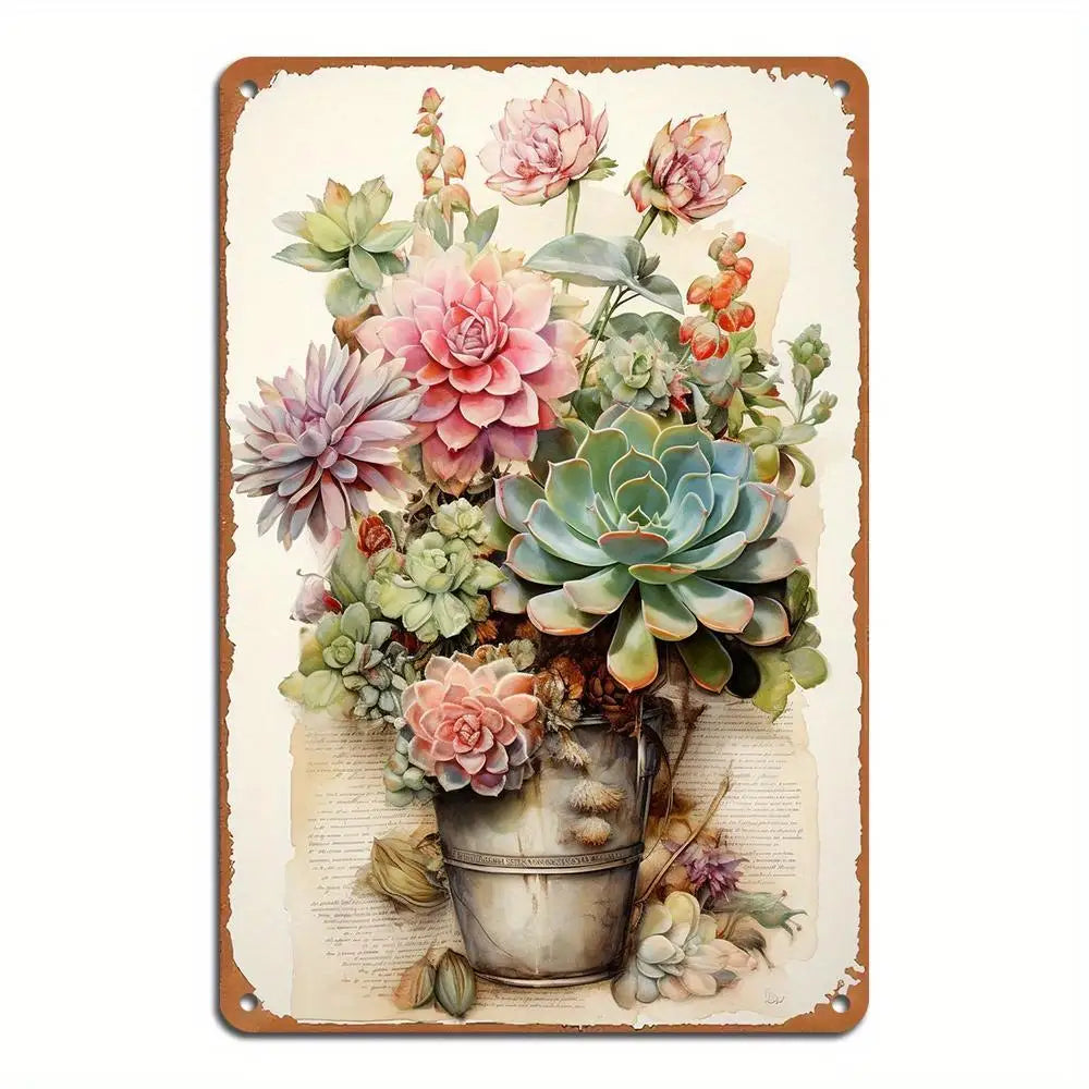 Succulent and Floral Iron Tin Sign Pre-drilled Waterproof Corrosion Resistant Easy To Install for Home Bar Decor Rustic Style