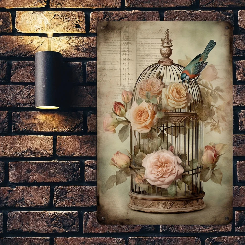 Charming Birds and Roses Iron Wall Decor 8X12 Inches Fun Metal Sign  Suitable for Home Bar and Courtyard Decoration