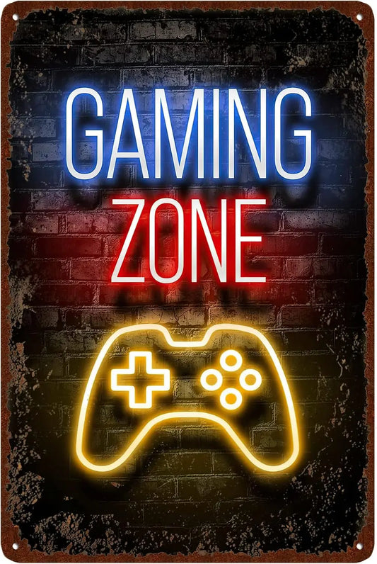 Vintage Game Tin Signs With Neon Effect - Game Room Metal Signs Game Zone - Boy Room Retro Wall Decor Gamer Wall Signs 8X12 Inch