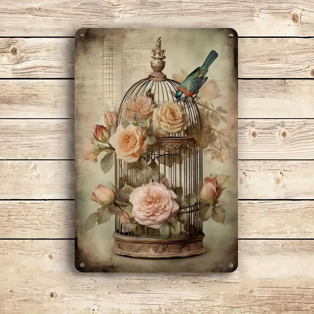 Charming Birds and Roses Iron Wall Decor 8X12 Inches Fun Metal Sign  Suitable for Home Bar and Courtyard Decoration