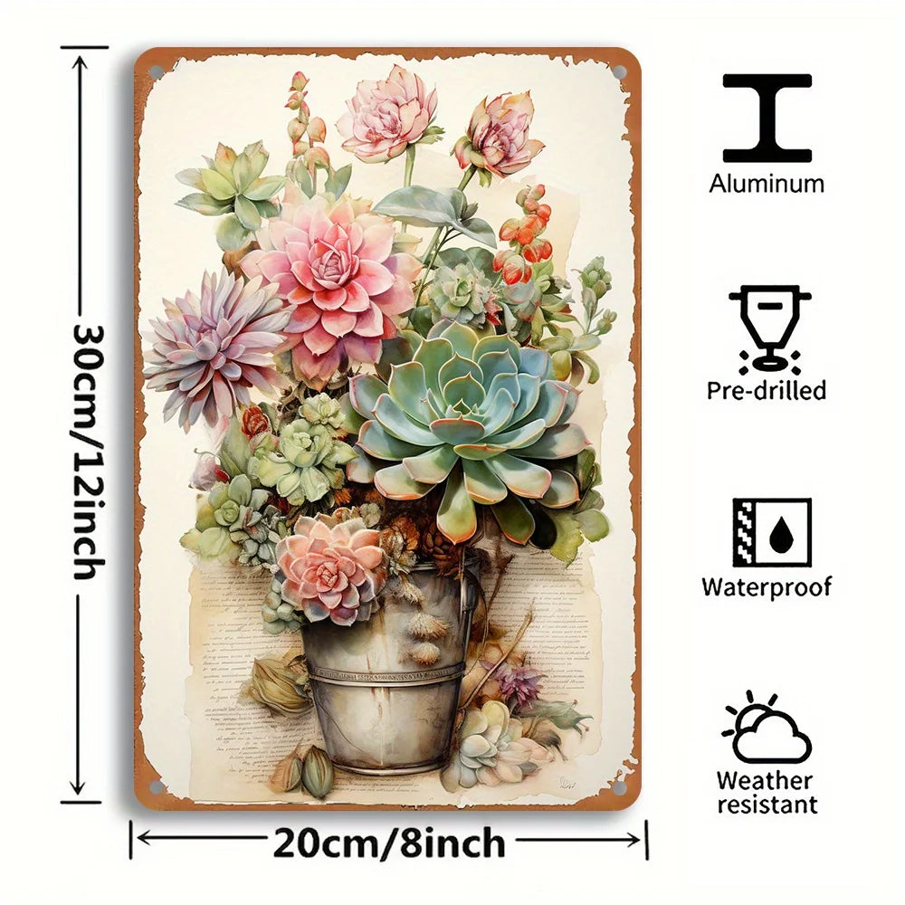 Succulent and Floral Iron Tin Sign Pre-drilled Waterproof Corrosion Resistant Easy To Install for Home Bar Decor Rustic Style