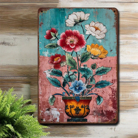 Rustic Floral Wall Decoration Retro Floral Print Iron Hanging Watercolor Plant Theme 8X12 Inches Suitable for Home Decoration